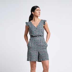 Cute summer Romper, Short Jumpsuit women, Viscose Playsuit overalls for women, Green floral beach jumpsuit, Womens clothing TAVROVSKA