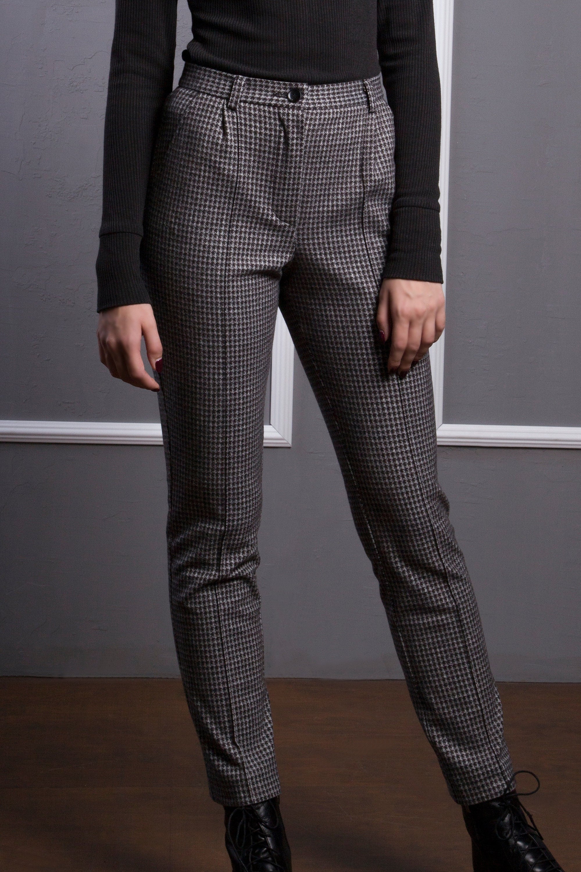 houndstooth cigarette pants Houndstooth High Waist Cigarette Pants, Slim Fit Trousers