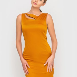 Yellow cutout midi sheath dress, Orange dresses for women, Cocktail Party Summer Dress, Wedding guest Sleeveless Pencil Dress TAVROVSKA image 2