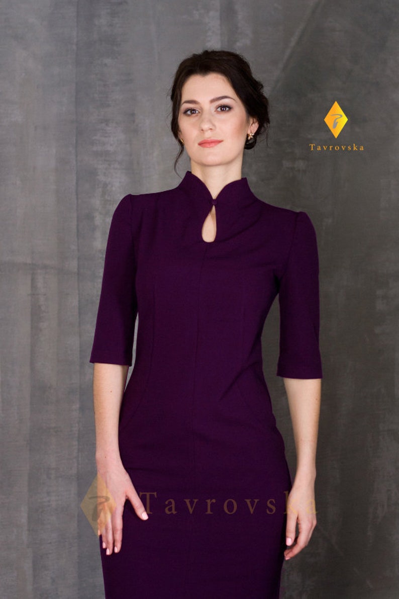 Purple Pencil Dress Cocktail Stand Collar Cheongsam Dress Etsy