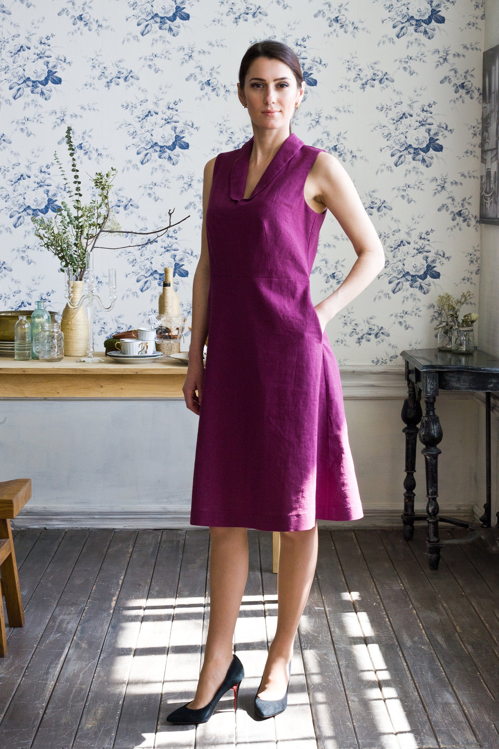 Purple Linen Dress Shawl collar summer wedding guest dress Etsy