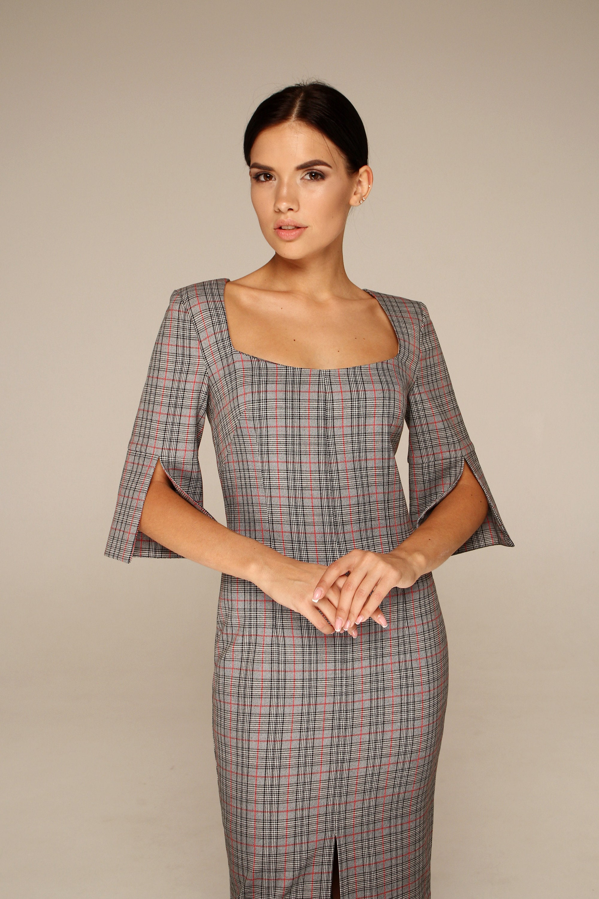 grey plaid dresses Vintage Fall Plaid Dress & Satin Blouse Gray