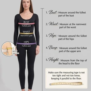 May include: An instructional diagram titled How to Measure featuring a person in a black long-sleeve bodysuit. It displays horizontal lines across the bust, waist, hips, and bicep with labels. A measuring tape is shown at the bottom with inch markings.
