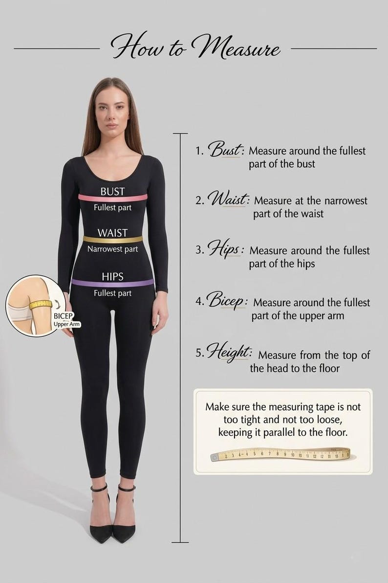 May include: An instructional diagram titled How to Measure featuring a person in a black long-sleeve bodysuit. It displays horizontal lines across the bust, waist, hips, and bicep with labels. A measuring tape is shown at the bottom with inch markings.