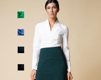 Weiße High Neck Blusen für Frauen, elegante weiße Bluse mit langen Ärmeln, taillierte Bluse mit V-Ausschnitt für die Arbeit, weißes Top mit langen Ärmeln TAVEROVSKA