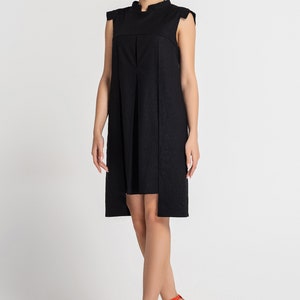Black Linen Shift Dress summer, Mandarin Collar, Sleeveless Mini Dress image 5