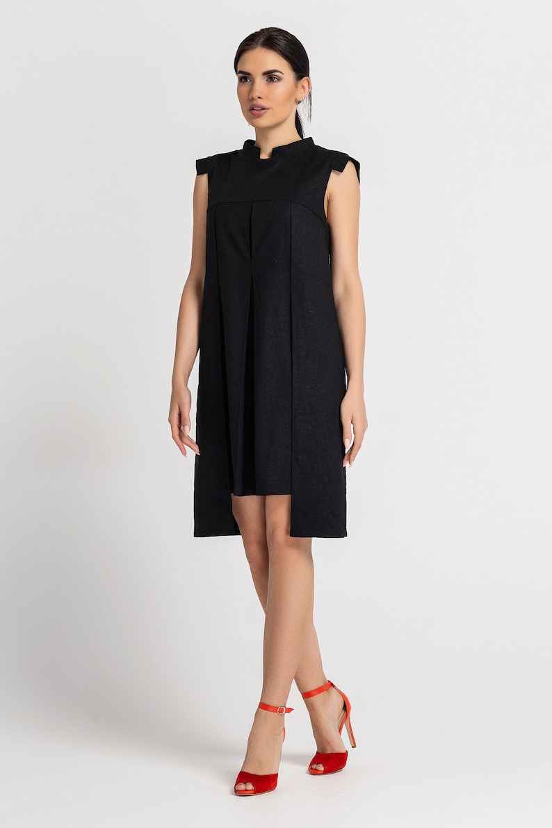Black Linen Shift Dress summer, Mandarin Collar, Sleeveless Mini Dress image 5