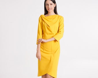 Yellow pencil dress, Cowl neck dress women, Asymmetrical Business Dress, Simple wedding guest dress, Modern office dress, Cocktail TAVROVSKA