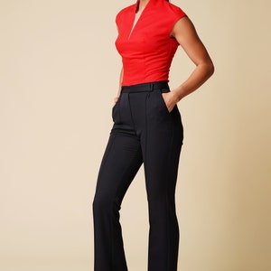 High neck cap sleeve red blouse women, V neckline short sleeve tops for women, Fitted office blouses,  Cap sleeve shirt, Workwear