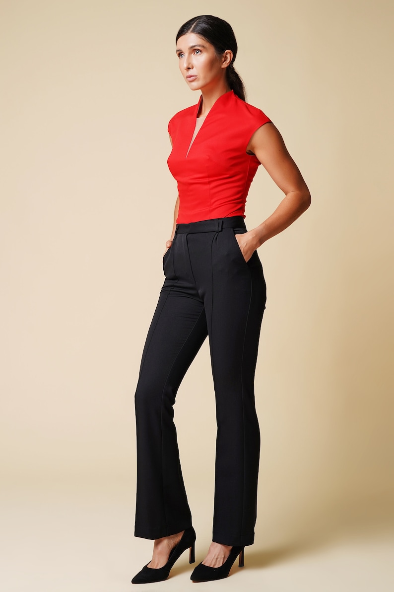 High neck cap sleeve red blouse women, V neckline short sleeve tops for women, Fitted office blouses,  Cap sleeve shirt, Workwear