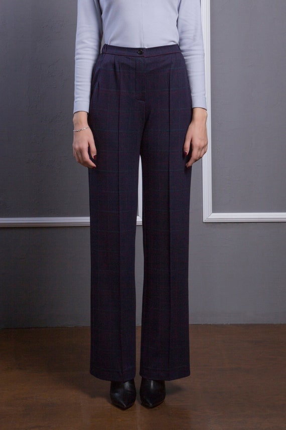 Plaid Wide Leg Jersey Trousers, Dark Blue High Waist Elastic Waist Pants  Classic Trousers Women Work Women\'s High Rise Pants TAVROVSKA - Etsy