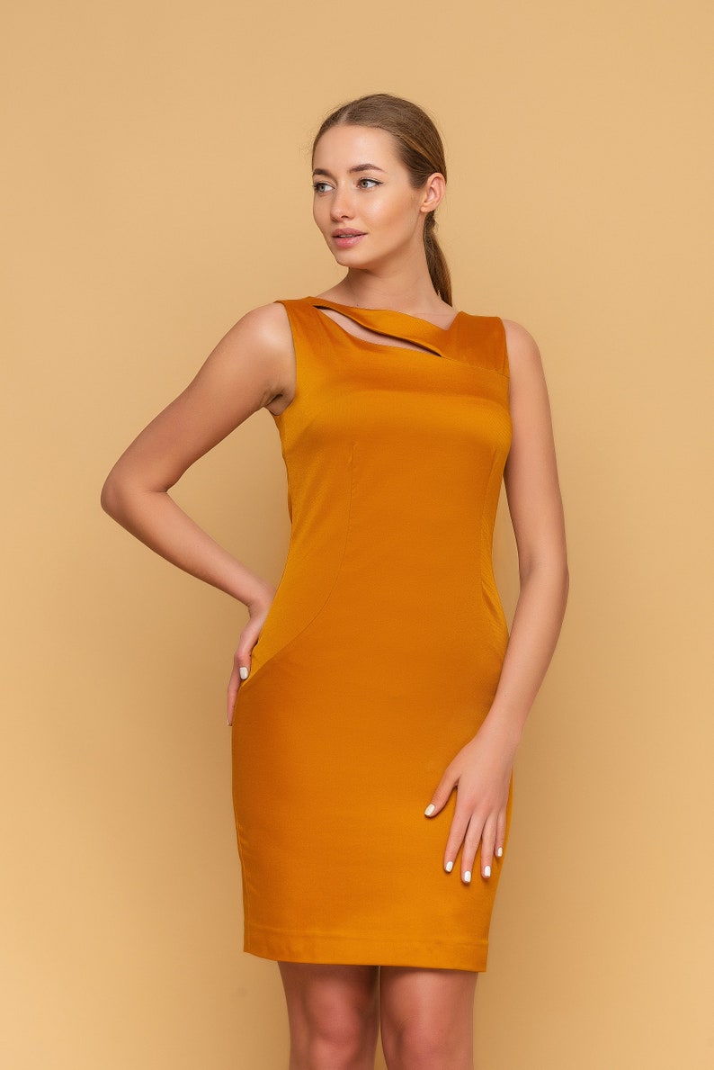 Yellow cutout midi sheath dress, Orange dresses for women, Cocktail Party Summer Dress, Wedding guest Sleeveless Pencil Dress TAVROVSKA image 1