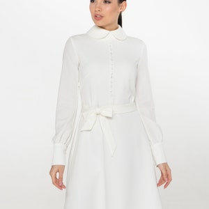 White midi dress long sleeve, High collar dress swing, Courthouse wedding dress, Casual civil wedding, Modest dresses for women