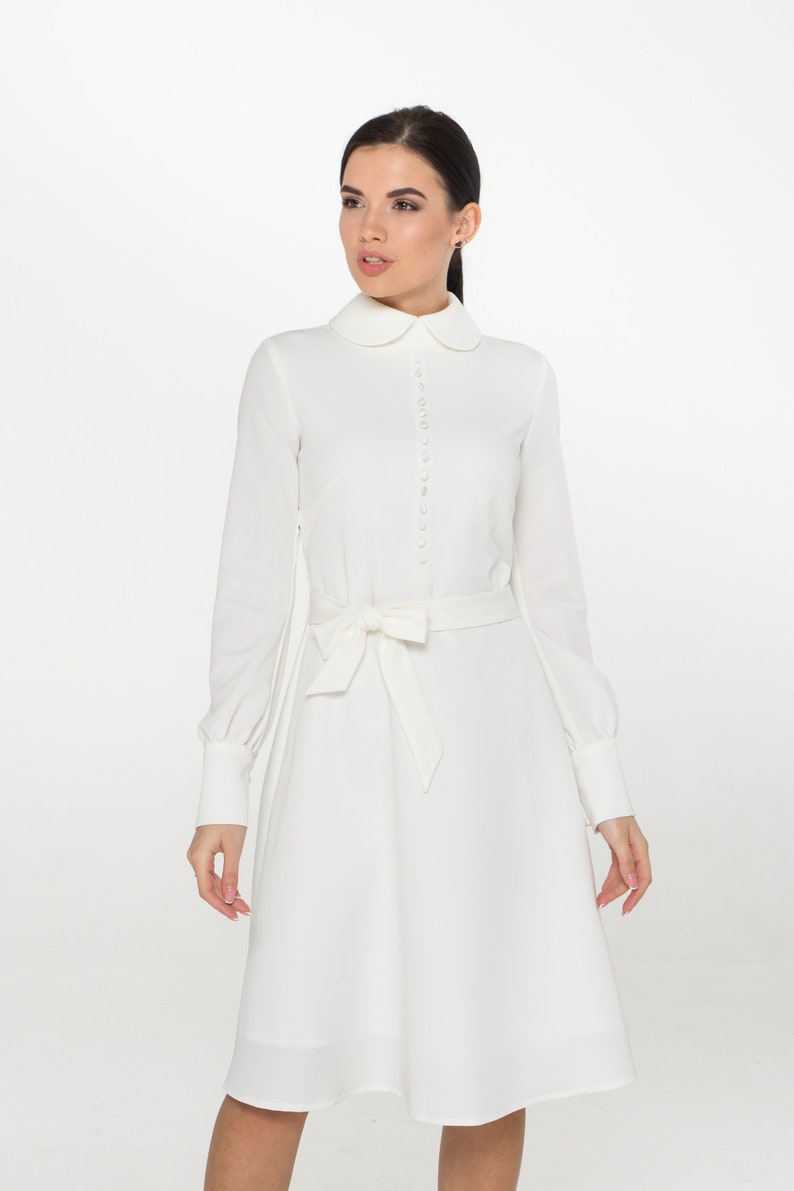 White midi dress long sleeve, High collar dress swing, Courthouse wedding dress, Casual civil wedding, Modest dresses for women