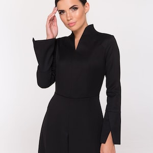 Cocktail long sleeve black women's dress, Fit and flare high neck work dress Stand collar black dresses for women Structured dress TAVROVSKA image 7