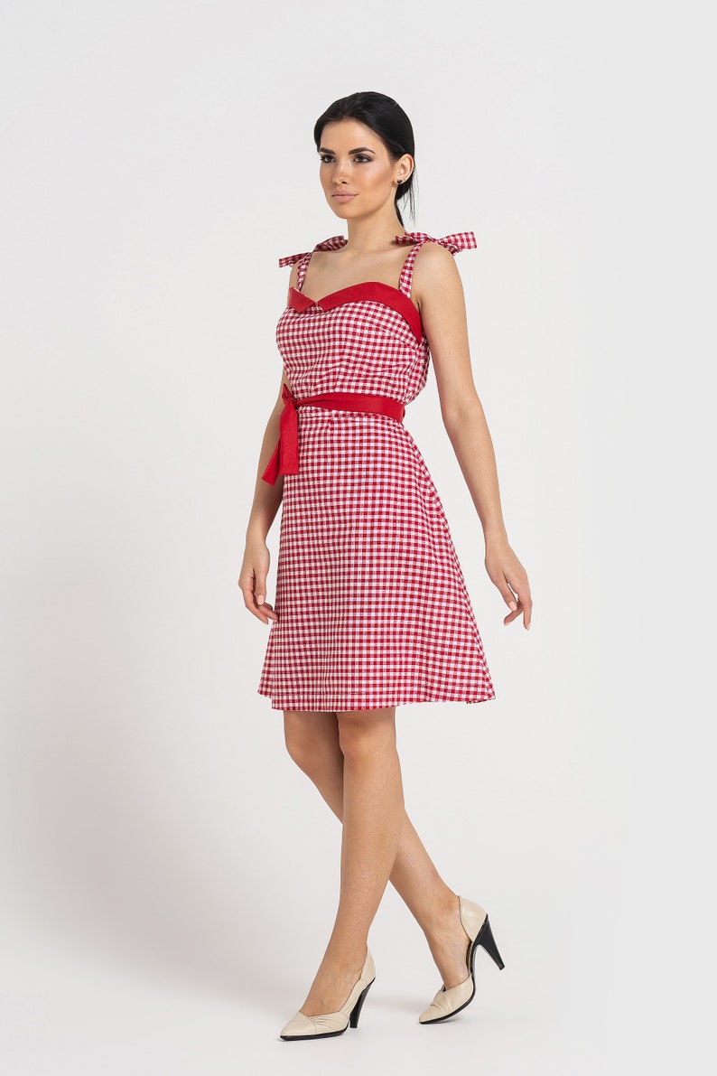 Plaid Peasant Sundress 50s Rockabilly Red Cotton Summer Etsy