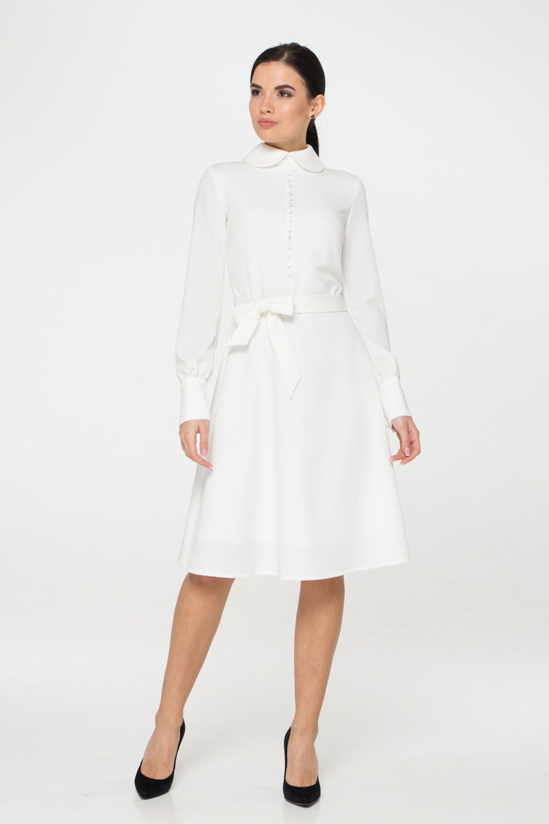 White midi dress long sleeve, High collar dress swing, Courthouse wedding dress, Casual civil wedding, Modest dresses for women