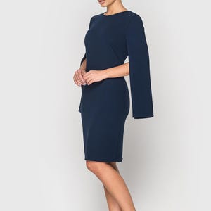 Elegant Navy Blue Cape Sleeve Dress, Midi Cocktail Dress for Women, Sheath Formal attire, Chic Evening Dress, Wedding guest outfit