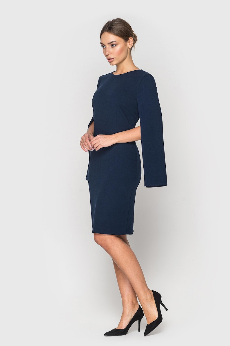 Elegant Navy Blue Cape Sleeve Dress, Midi Cocktail Dress for Women, Sheath Formal attire, Chic Evening Dress, Wedding guest outfit