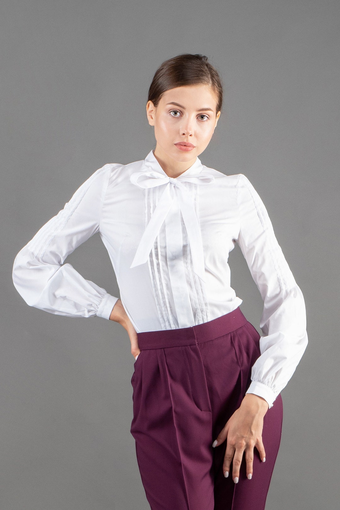 Tie Neck Blouse, Long Sleeve Cotton Pussy Bow Blouse - Etsy