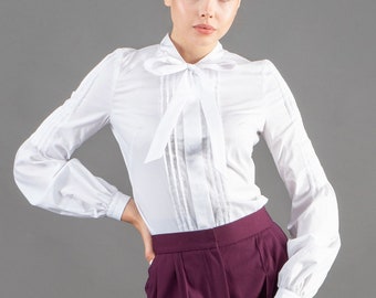 Tie Neck Blouse, Long Sleeve Cotton Pussy Bow Blouse - Etsy