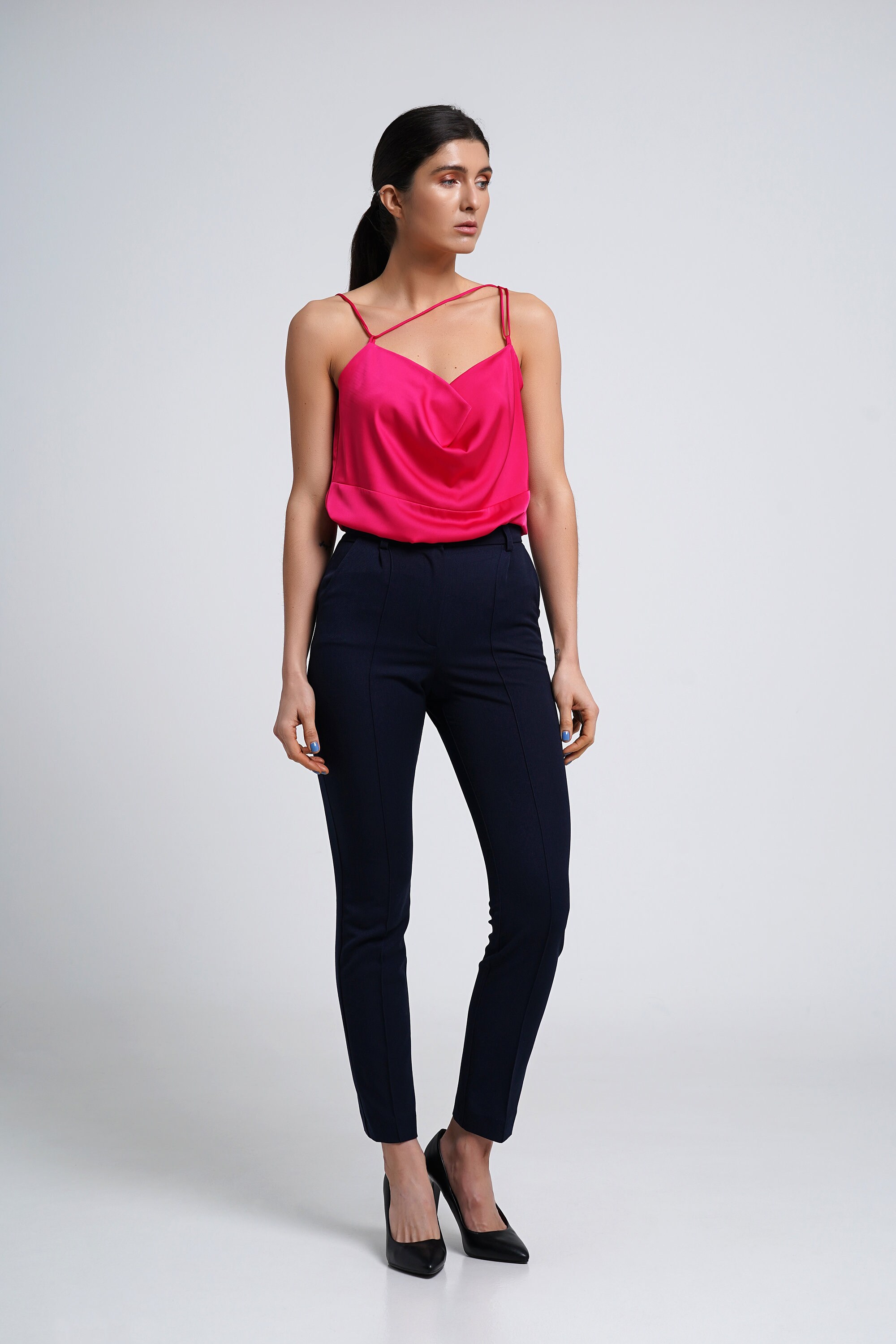 navy high waisted cigarette trousers Navy High Waist Cigarette Pants, Women's Ankle Trousers