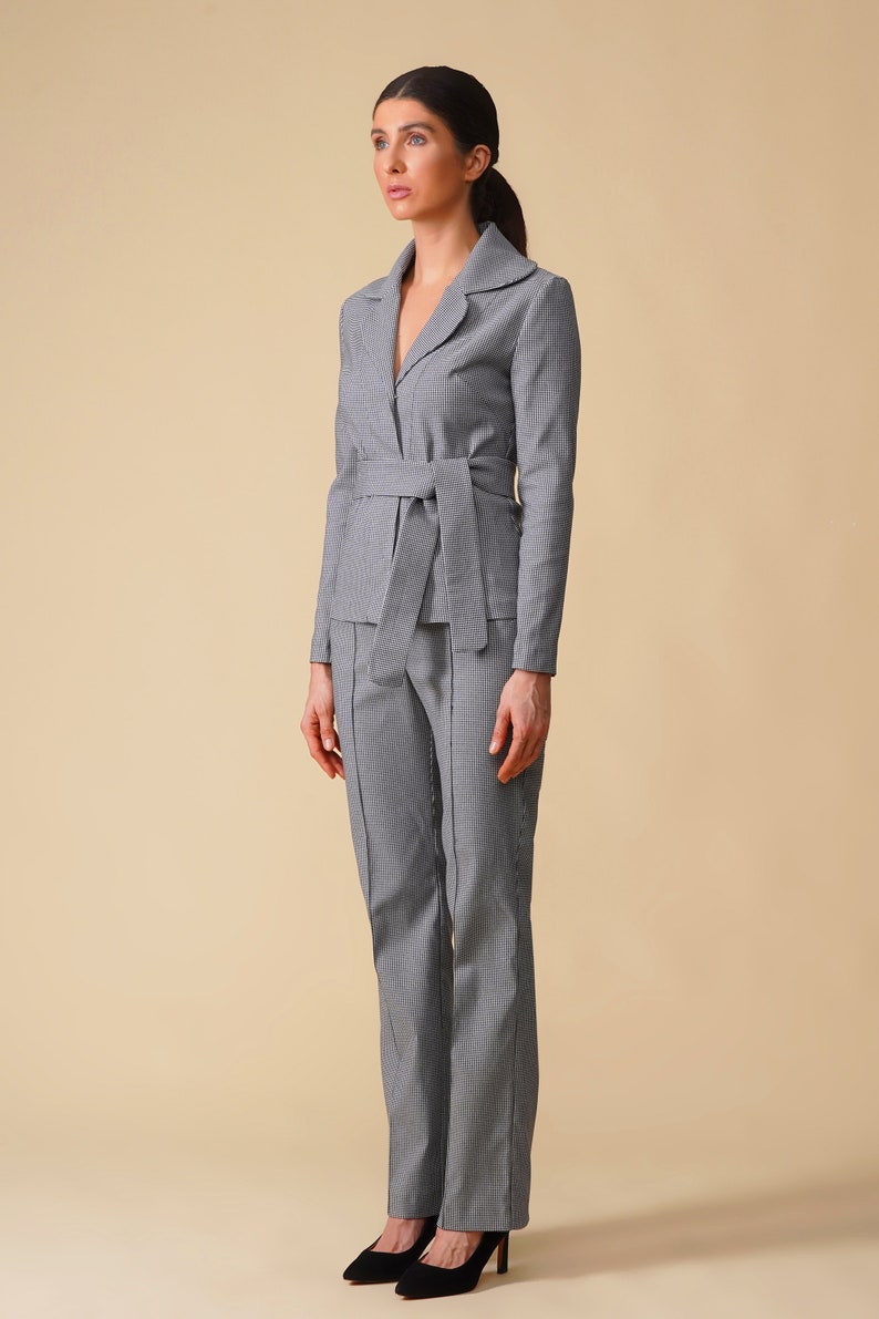 Jersey Womens Pant Suit Gray Houndstooth Casual Pant Suit Etsy