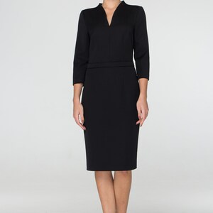 Black midi dress, Work dresses for women, Modest cocktail wedding guest dress, Modern office dress, Business professional dress