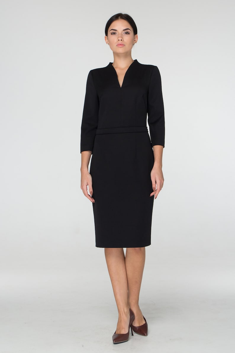 Black midi dress, Work dresses for women, Modest cocktail wedding guest dress, Modern office dress, Business professional dress