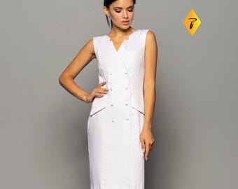 White blazer dress sleeveless, Tuxedo dress summer dress, Double breasted Cruise clothes, Luxury resort wear, Cotton Dress women TAVROVSKA