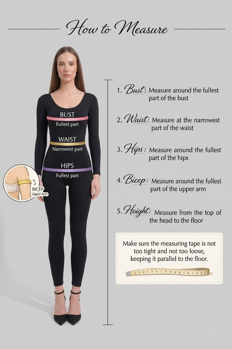 May include: An instructional diagram titled How to Measure featuring a person in a black long-sleeve bodysuit. It displays horizontal lines across the bust, waist, hips, and bicep with labels. A measuring tape is shown at the bottom with inch markings.