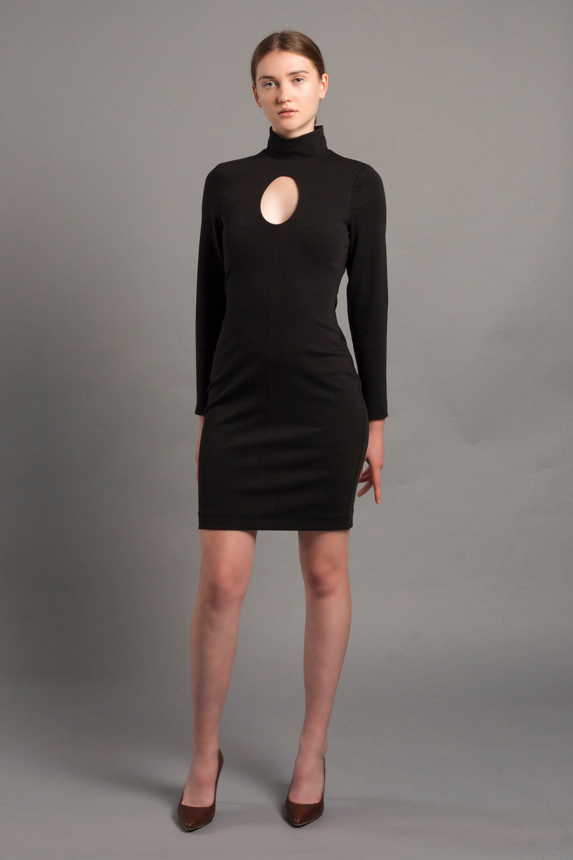 Black Turtleneck Mini Dress, Long Sleeve Cut Out Bodycon