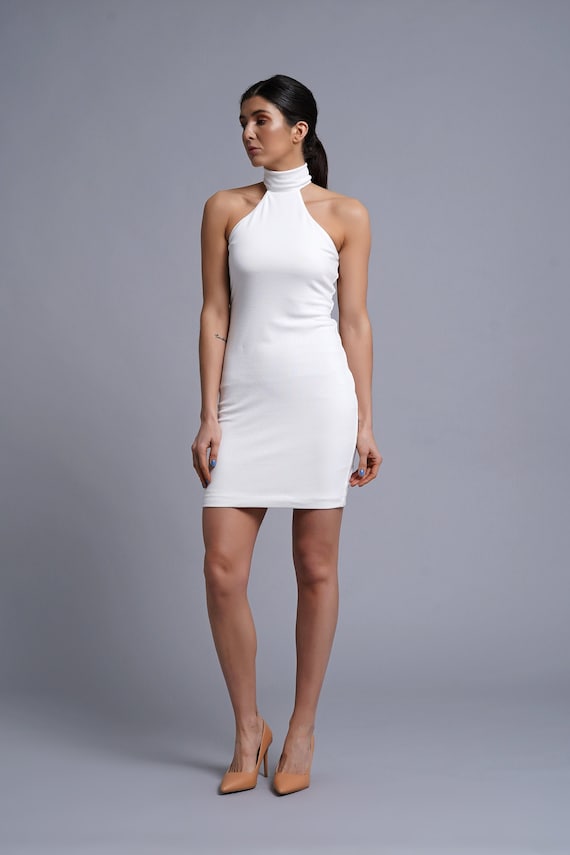 short white halter neck dress