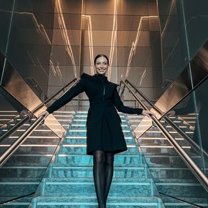 Extravagant black dress long sleeve, Cocktail women's dress fall, High neck work dress, Stand collar  for women, Structured dress