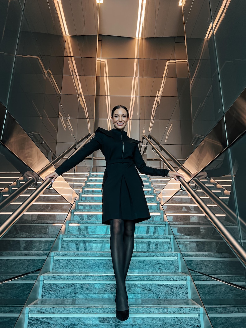 Extravagant black dress long sleeve, Cocktail women's dress fall, High neck work dress, Stand collar  for women, Structured dress