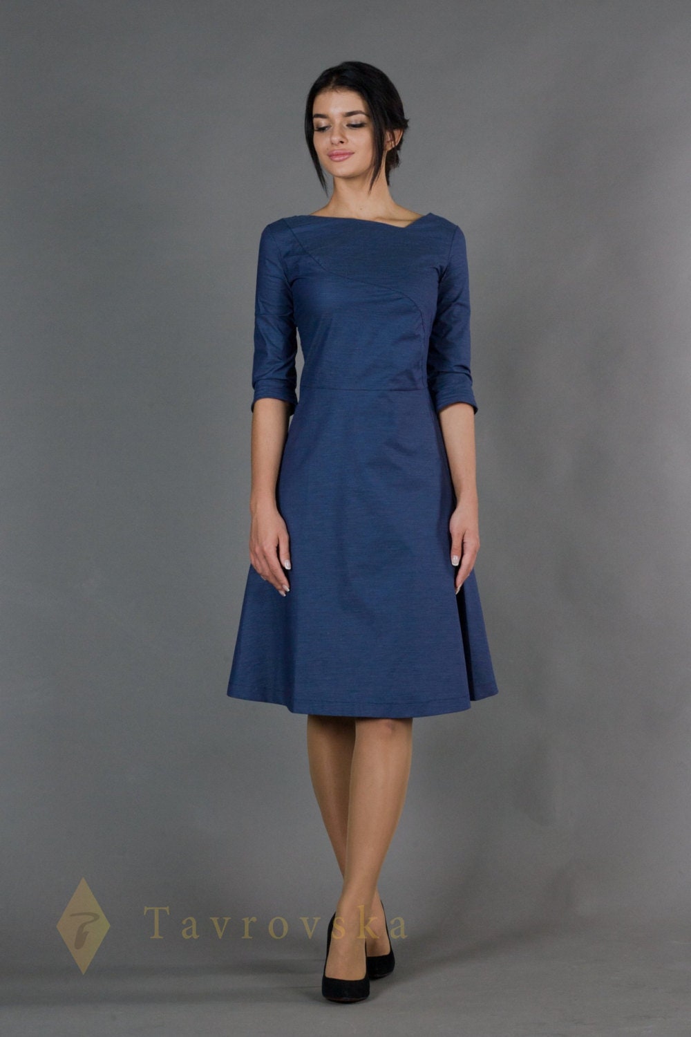 blue fit and flare cocktail dress