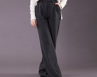 Gray Wide Leg Trousers, Stretchy dress pants for work, Relaxed fit trousers womens, High waisted pants,   Dressy palazzo pants TAVROVSKA