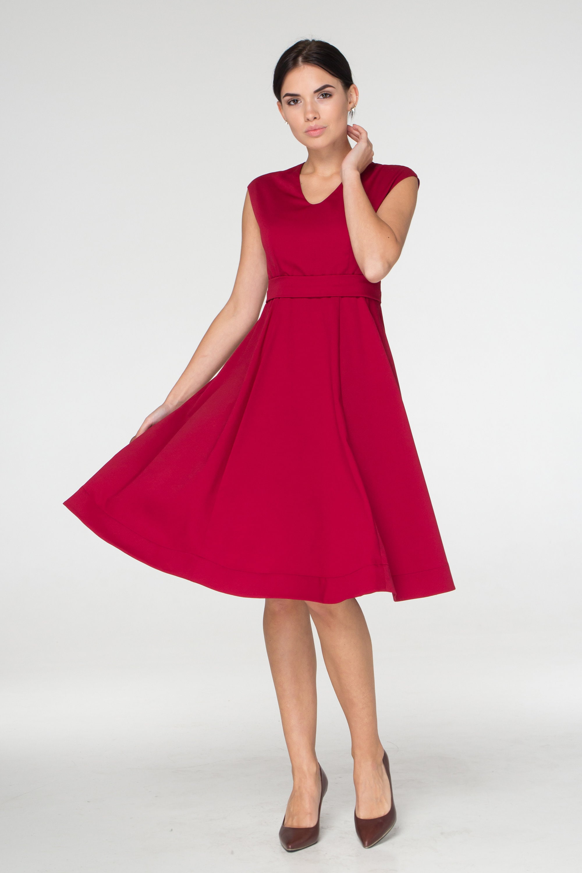 knee length red cocktail dress One-Shoulder Knee-Length Cocktail Dress with Sequins Burgundy / Small