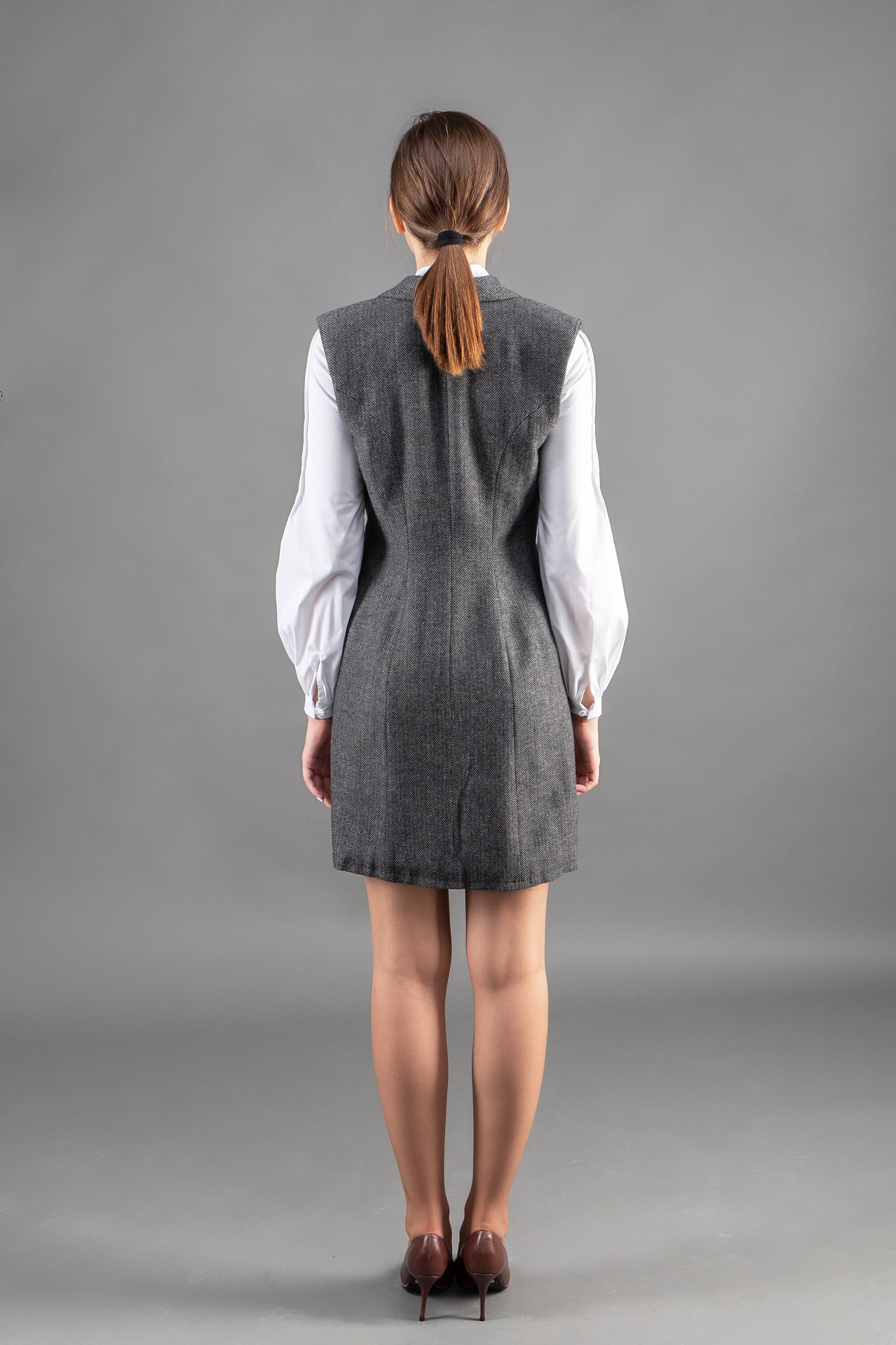 Herringbone Sleeveless Blazer Dress, Dark Gray Vest with Golden Buttons