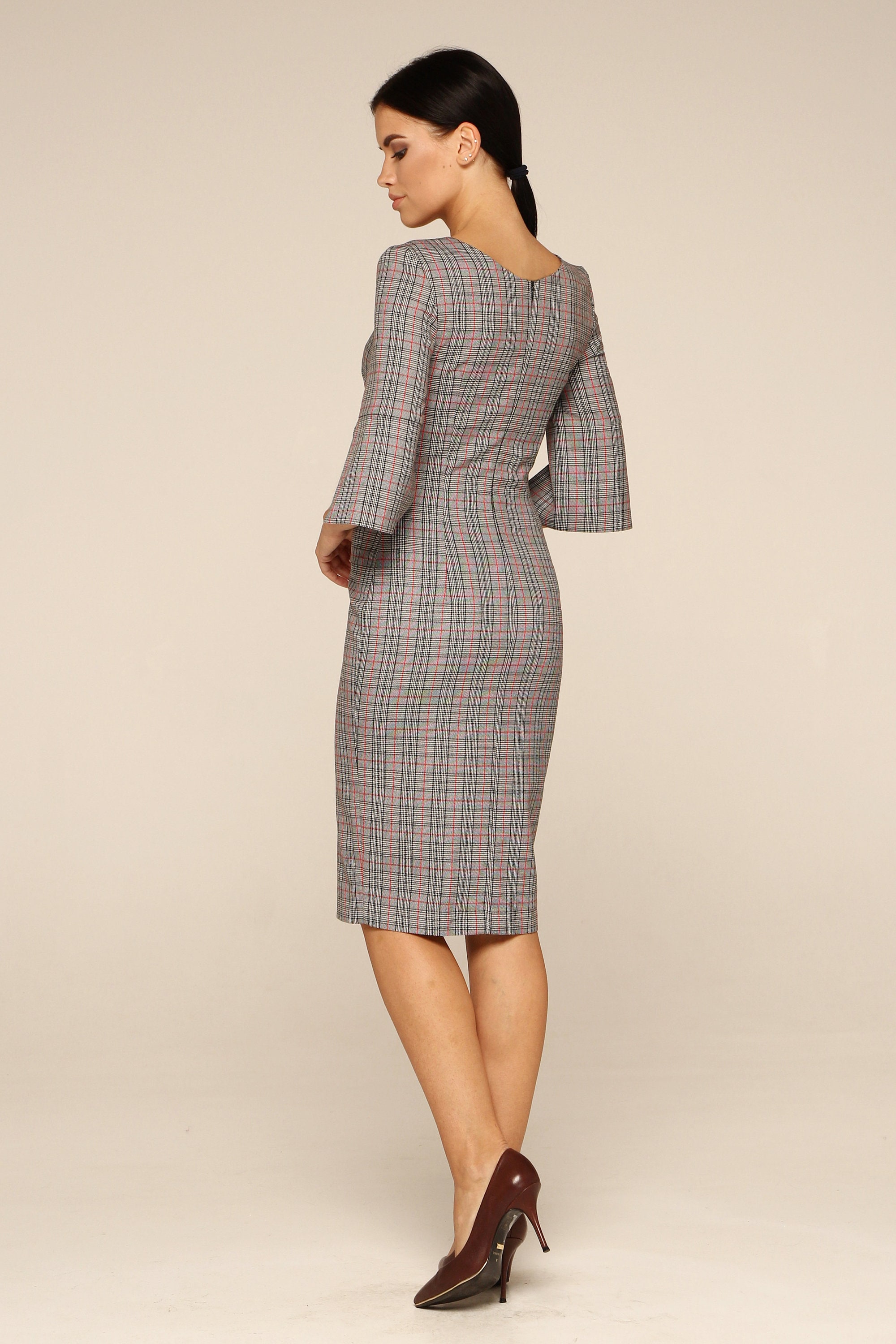 Grey Plaid Midi Dress Square Neck Pencil Dress Workwear Dress Three-Quarter Sleeve Executive Dress Corporate Attire Business Dress for Women