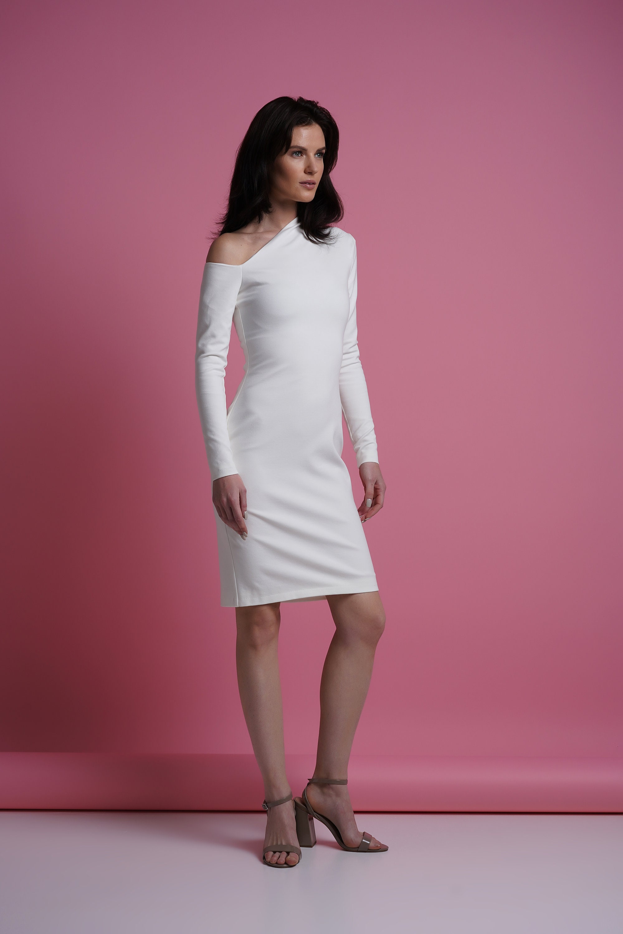 White One Shoulder Midi Dress Short 