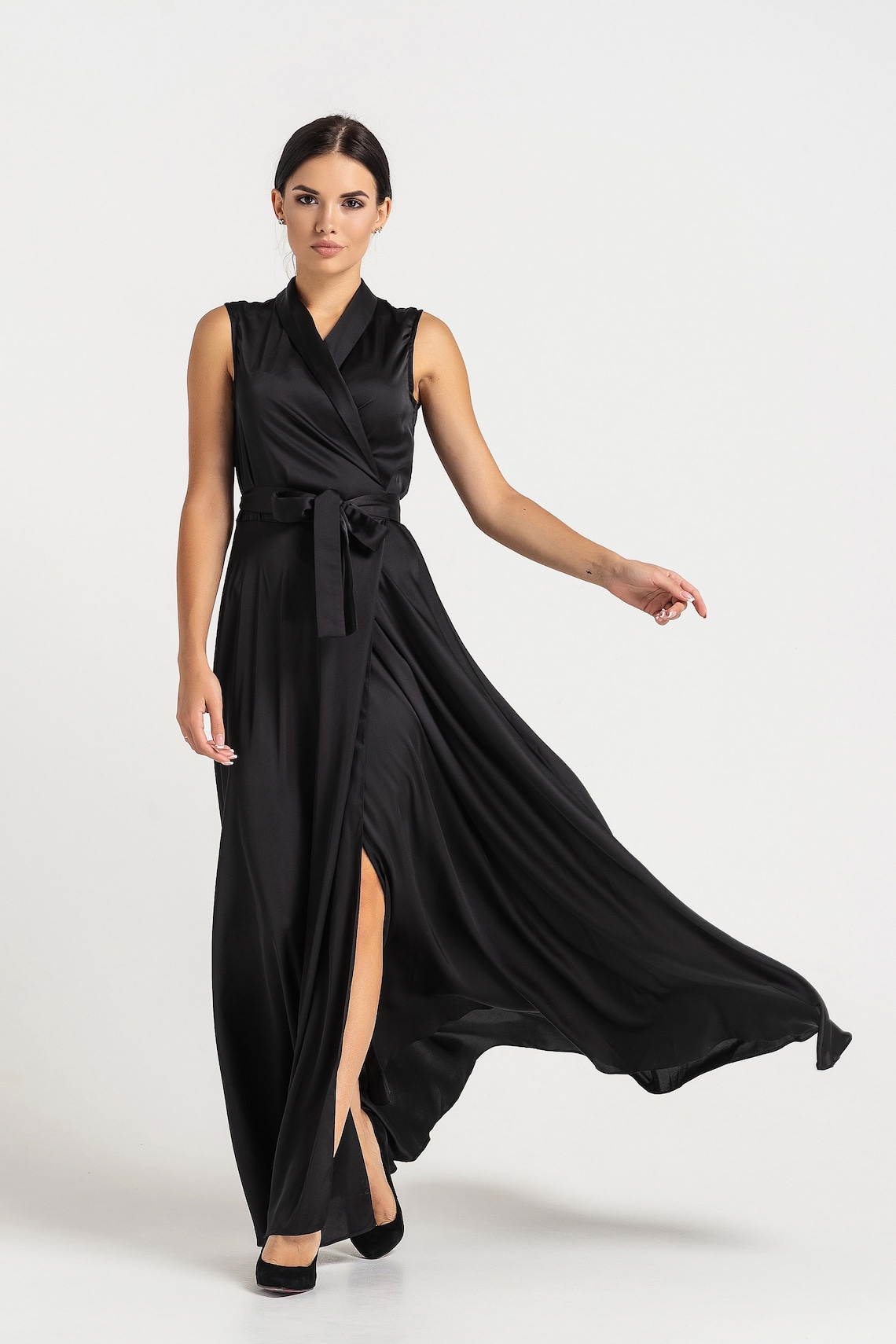 Sleeveless shawl collar wrap maxi dress Long summer black | Etsy