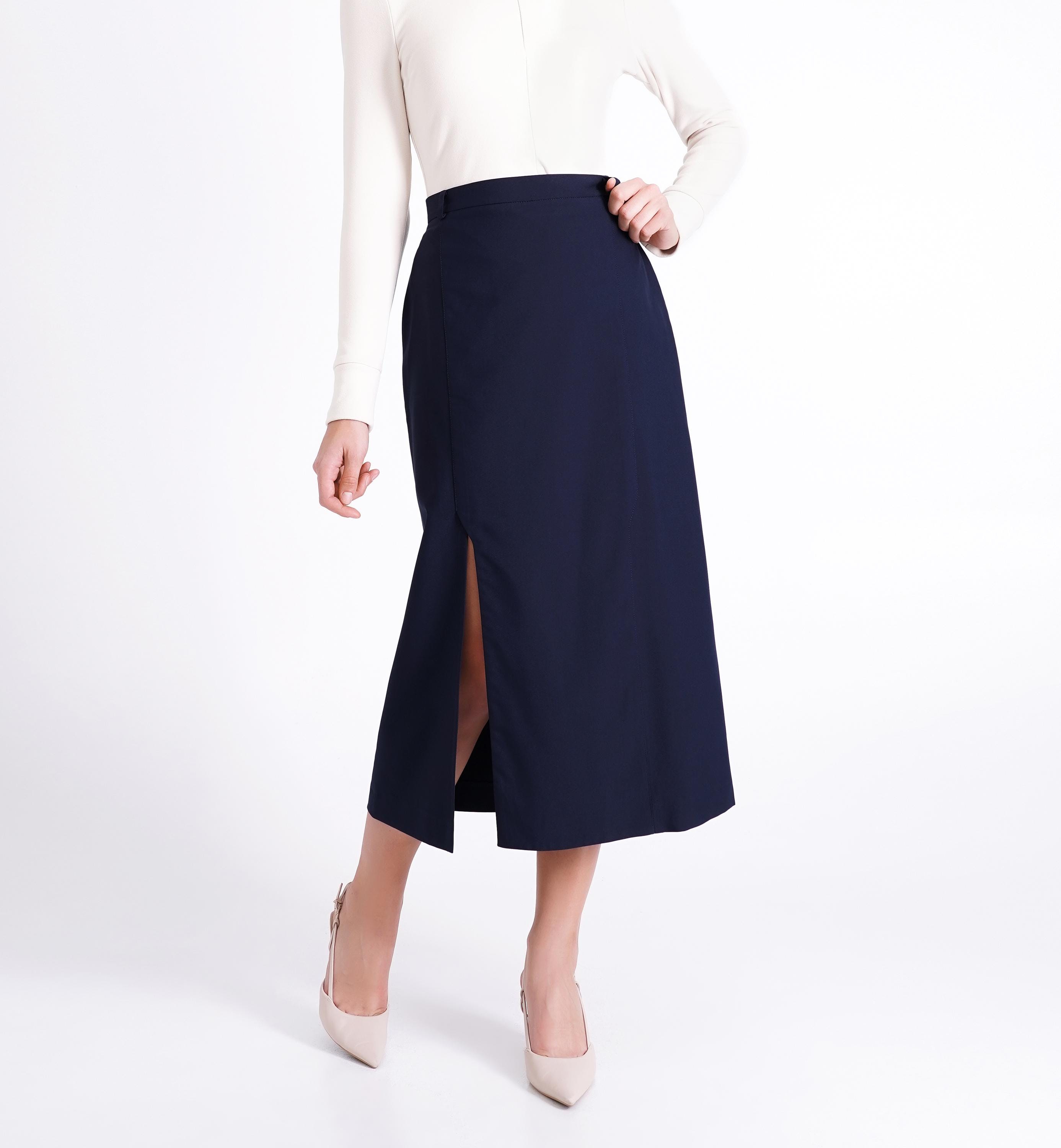 Navy High Waist Midi Skirt With Slit, A-line Pockets - Etsy