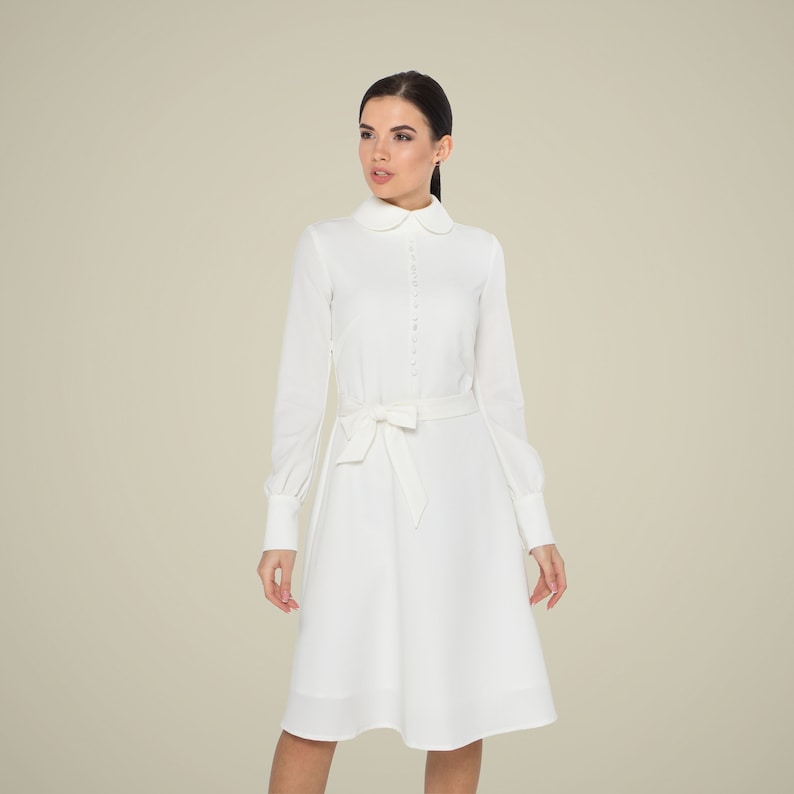 Button front long sleeve white dress High rounded collar Etsy