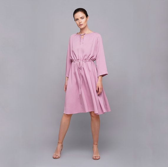 Pink Viscose Midi Dress, 3/4 Sleeve Skater Dress