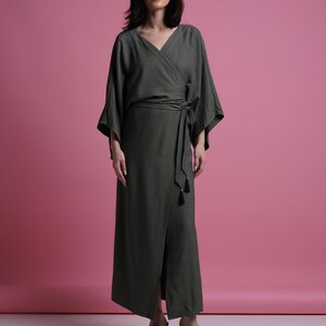 Kimono wrap maxi dress women, Summer boho long sleeve shift sundress, Kaftan beach hippie long dress, Khaki green dressing gown TAVROVSKA image 4