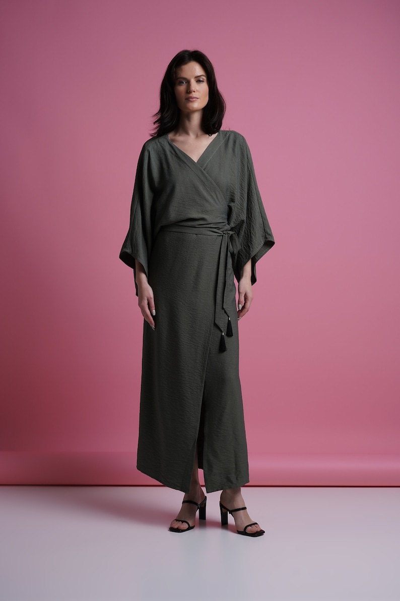 Kimono wrap maxi dress women, Summer boho long sleeve shift sundress, Kaftan beach hippie long dress, Khaki green dressing gown TAVROVSKA image 4