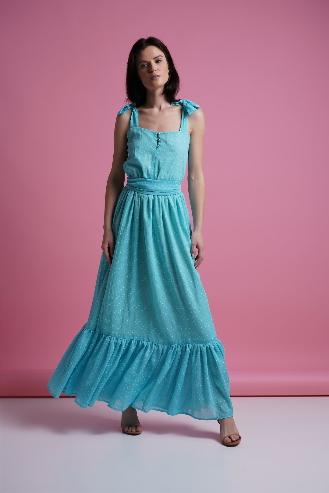 Maxi robe d'été fluide, robe bleu cyan, robe nouée aux épaules