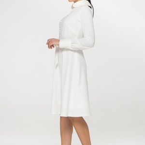 White midi dress long sleeve, High collar dress swing, Courthouse wedding dress, Casual civil wedding, Modest dresses for women