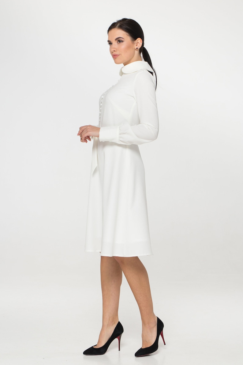 White midi dress long sleeve, High collar dress swing, Courthouse wedding dress, Casual civil wedding, Modest dresses for women